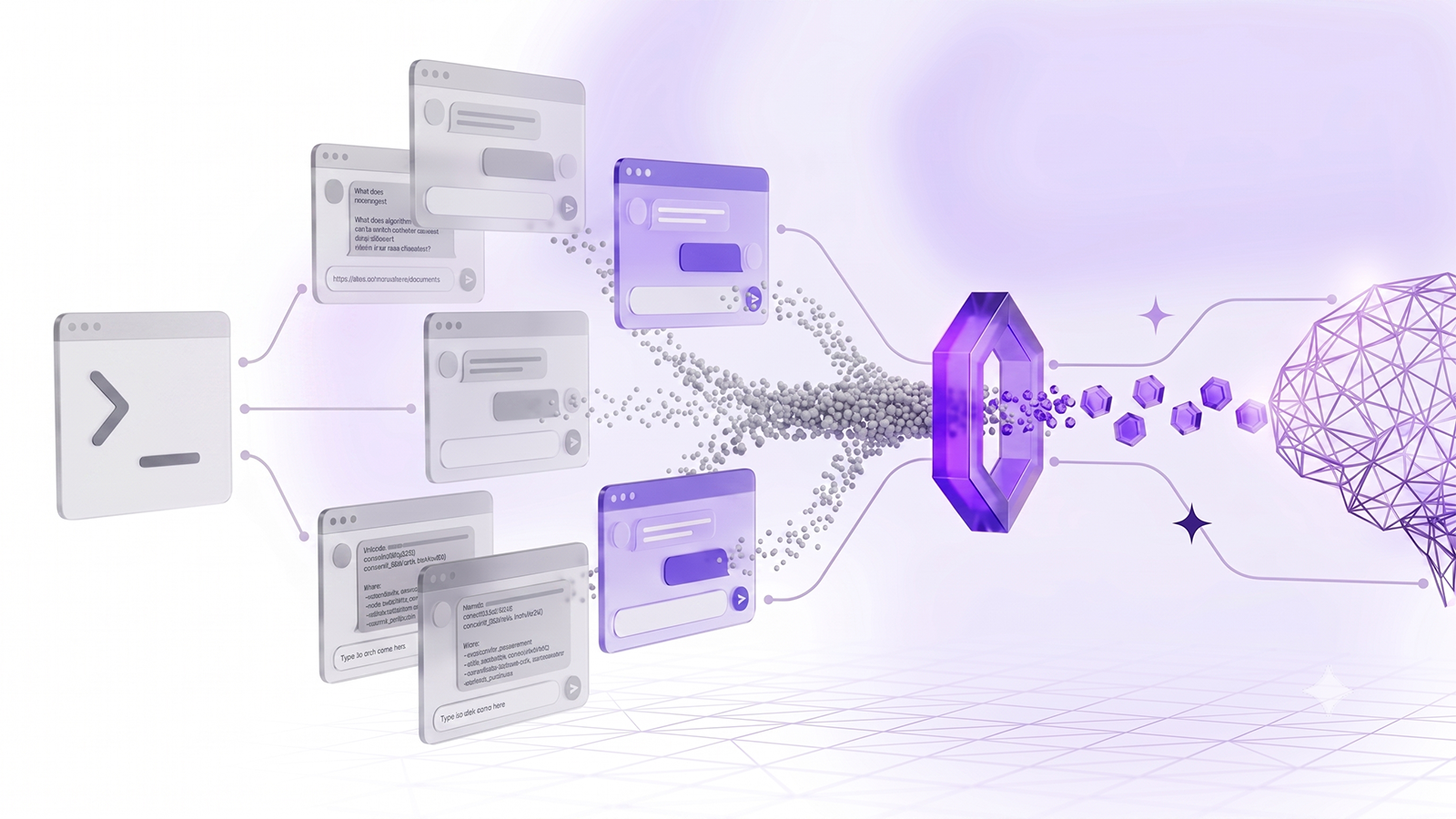 Abstract visualization of unseen AI data flows being brought into governed, protected channels.